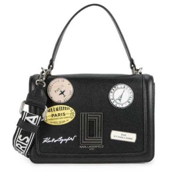 Karl Lagerfeld Simone Leather Bag Black Flap Crossbody Wide Strap Top Handbag